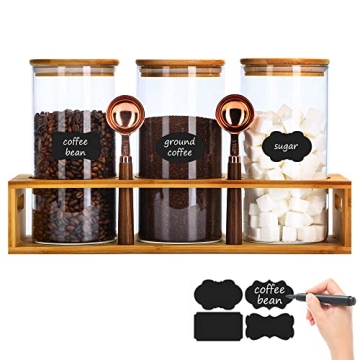 ZOMUIA Airtight Glass Coffee Containers - 3Pcs Durable Storage Jars with Shelf for Kitchen