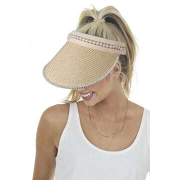 NLCAC Sun Visors for Women Pearl Straw Visor Hat Wide Brim Clip On Visor Summer Beach Straw Sun Hat Travel Accessories Beige