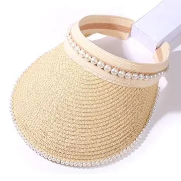 NLCAC Sun Visors for Women Pearl Straw Visor Hat Wide Brim Clip On Visor Summer Beach Straw Sun Hat Travel Accessories Beige