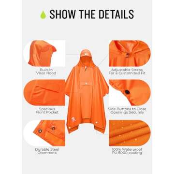 SaphiRose Extra Thick Hooded Rain Poncho - Waterproof & Versatile