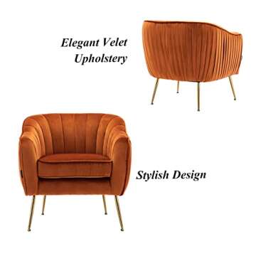 Artechworks Velvet ModernTub Barrel Arm Chair Upholstered Tufted with Golden Legs Accent Club Chair for Living Reading Room Bedroom, Caramel Color Orange