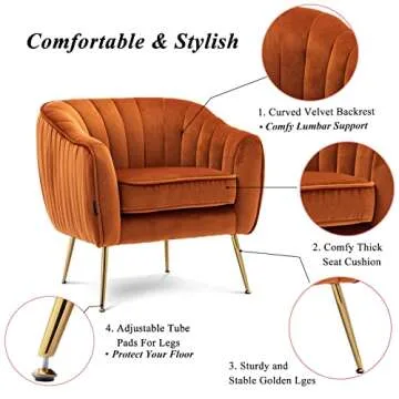 Artechworks Velvet ModernTub Barrel Arm Chair Upholstered Tufted with Golden Legs Accent Club Chair for Living Reading Room Bedroom, Caramel Color Orange