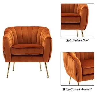 Artechworks Velvet ModernTub Barrel Arm Chair Upholstered Tufted with Golden Legs Accent Club Chair for Living Reading Room Bedroom, Caramel Color Orange