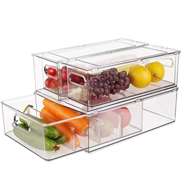 Taiuloo 3 Pack Refrigerator Organizer Bins with Pull-out Drawer, Clear Stackable Fridge Drawer Organizer Set, BPA-free Food Storage Containers for Freezer, Cabinet, Kitchen, Pantry Organization