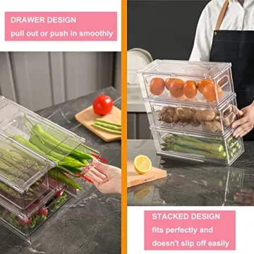 Taiuloo 3 Pack Refrigerator Organizer Bins with Pull-out Drawer, Clear Stackable Fridge Drawer Organizer Set, BPA-free Food Storage Containers for Freezer, Cabinet, Kitchen, Pantry Organization