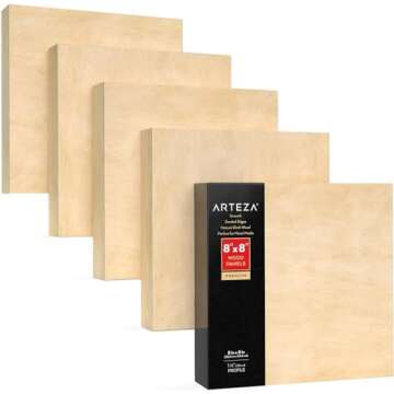 ARTEZA Wood Canvas Boards, 8 x 8 Inches, Pack of 5, Birch Wood, Wooden Panels for Acrylic and Oil Pa...