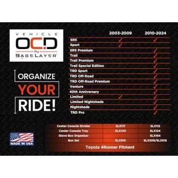 Vehicle OCD - Center Console Organizer for Toyota 4Runner (2010-2024) - Made in USA - SLX112