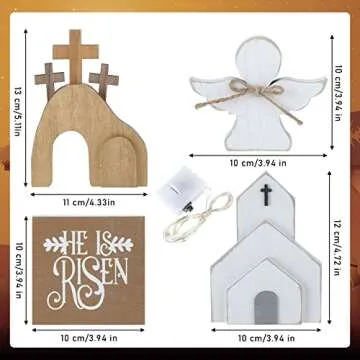 Glenmal 5 Pcs Jesus Tomb Easter Tiered Tray Decor Wooden Easter Jesus Sign with LED Fairy Lights He is Risen Christ Statue Tray Decor for Farmhouse Home Church Table