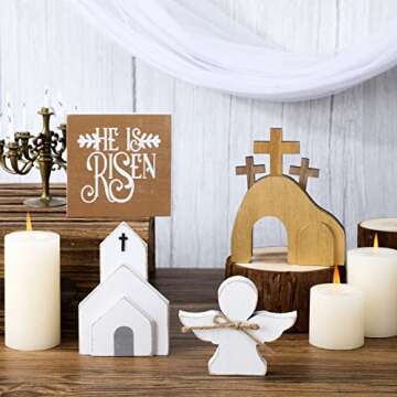 Glenmal 5 Pcs Jesus Tomb Easter Tiered Tray Decor Wooden Easter Jesus Sign with LED Fairy Lights He is Risen Christ Statue Tray Decor for Farmhouse Home Church Table