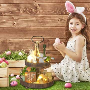 Glenmal 5 Pcs Jesus Tomb Easter Tiered Tray Decor Wooden Easter Jesus Sign with LED Fairy Lights He is Risen Christ Statue Tray Decor for Farmhouse Home Church Table