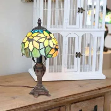 RIVER OF GOODS - Stained Glass Sunflower Blossoms Accent Table Lamp - 12" H - Table Lamp for Bedroom - Bedside Lamp - Desk Lamps for Home Office - Tiffany Style - Yellow