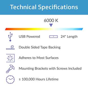 TrueColor USB-Powered LED Light Bar with Frosted Cover for Under Cabinet, Under Monitor, TV Backlight – Easy-Install - Adhesive & Mounting Brackets Included - 100,000 Hours Lifetime (24", Daylight)
