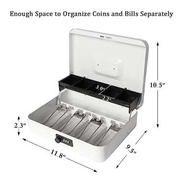 Jssmst Locking Large Metal Cash Box with Money Tray, Money Box with Combination Lock, White, SM-CB0511L
