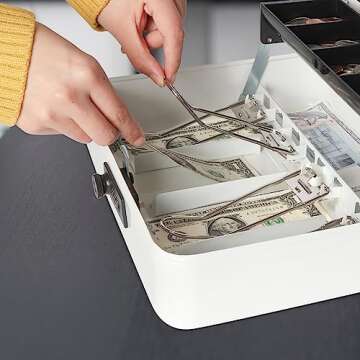 Jssmst Locking Large Metal Cash Box with Money Tray, Money Box with Combination Lock, White, SM-CB0511L