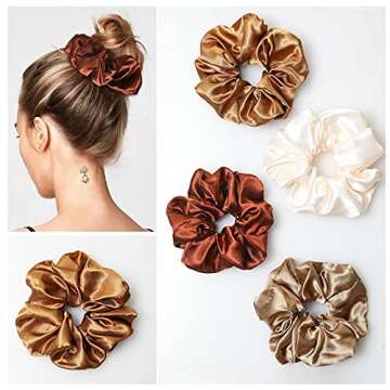 4pcs Silk Satin Hair Ties,Oversized Soft Hair Scrunchies for Women Girls Gift,Elastic Ponytail Holder Decorations,Hair Style Accessories,Light brown, coffee, dark brown, off-white Scrunchy