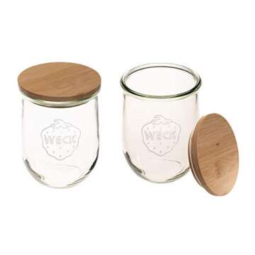 Weck Jars - 33.8 fl. oz Weck Tulip Jars 1 Liter - Sour Dough Starter Jars - Large Glass Jars for Sourdough Suitable for Canning and Storage - (2 Jars, Glass Lids & Wooden Lids)