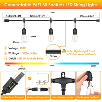 Mlambert 96FT LED Outdoor String Lights - Dimmable
