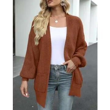 MEROKEETY Women's Fall Open Front Long Lantern Sleeve Cardigan Oversized Chunky Outwear with Pocket Caramel