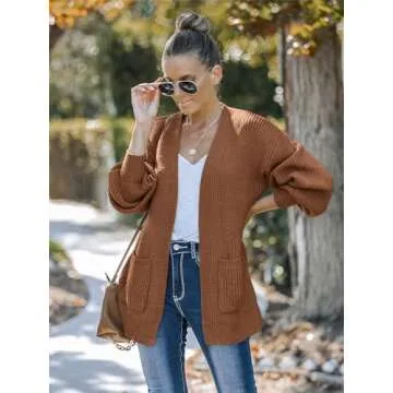 MEROKEETY Women's Fall Open Front Long Lantern Sleeve Cardigan Oversized Chunky Outwear with Pocket Caramel