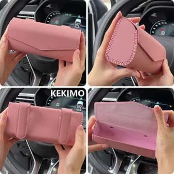 KEKIMO Sunglass Holder for Car, Leather Sunglass Visor Clip with Soft Lining, Universal Auto Eyeglasses Organizer Protective Box, Auto Glasses Storage Case for Vehicle, Truck, SUV (Pink)