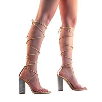 Richealnana Women's Stiletto Heel Lace Up Rhinestones Heeled Sandals Crisscross Gold Heel Shoes For Prom US 11