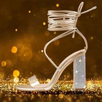 Richealnana Women's Stiletto Heel Lace Up Rhinestones Heeled Sandals Crisscross Gold Heel Shoes For Prom US 11