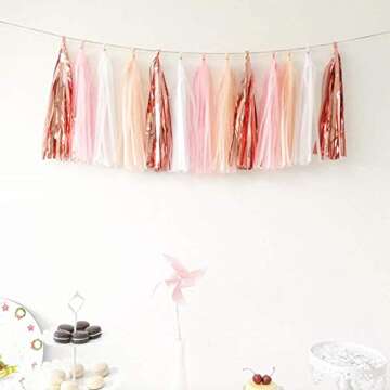 Shiny Tassel Garland Tissue Paper Tassel Banner,Table Decor,Tassels Party Decorations Supplies for Wedding,Birthday,Bridal/Baby Shower,DIY Kits,Pack of 20 - (Rose Gold/Light Pink/Peach Color/White)