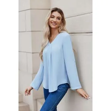 Cnlinkco Women Business Casual Tops Blouses Dressy V Neck Chiffon Long Sleeve Work Shirts Elegant Ladies Tops Light Blue S