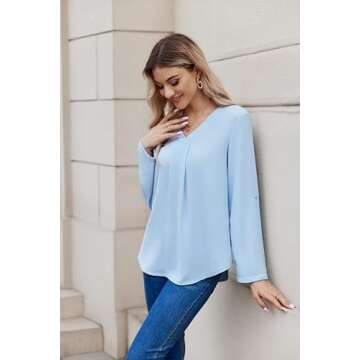 Cnlinkco Women Business Casual Tops Blouses Dressy V Neck Chiffon Long Sleeve Work Shirts Elegant Ladies Tops Light Blue S