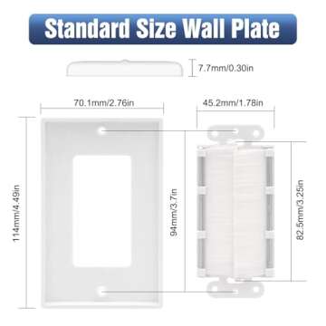 VCE Brush Wall Plate Cable Pass Through, Single Gang Decorator Wall Cover for Low Voltage Cables, In-Wall Cable Management for Wall Mount TV, White (2-Pack)