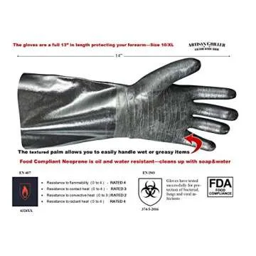 Artisan Griller BBQ, Smoker & Oven glove- Insulated Heat Resistant for Fryer & Kitchen. Great Barbecue Smoking Oyster Mitt–Turkey Fryer, Oil,Fire & Water resistant -(Size 10/XL – Black neoprene)