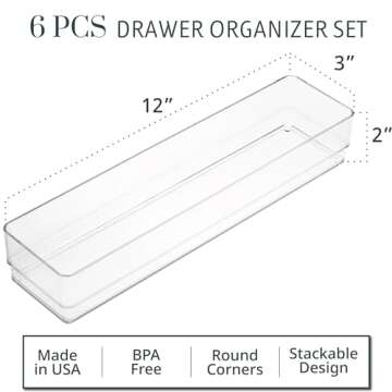 STORi SimpleSort 6-Piece Stackable Clear Drawer Organizer Set | 12" x 3" x 2" Rectangle Trays | Narr...