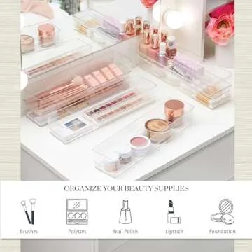 STORi SimpleSort 6-Piece Stackable Clear Drawer Organizer Set | 12" x 3" x 2" Rectangle Trays | Narrow Makeup Vanity Storage Bins and Office Desk Drawer Dividers | Made in USA