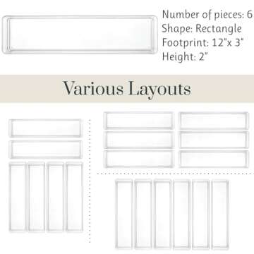 STORi SimpleSort 6-Piece Stackable Clear Drawer Organizer Set | 12" x 3" x 2" Rectangle Trays | Narrow Makeup Vanity Storage Bins and Office Desk Drawer Dividers | Made in USA