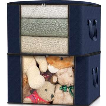 Fab totes 4 Pack Clothes Storage, Foldable Thick Fabric Blanket Storage Bags, Storage Containers for Organizing Bedroom, Closet, Clothing, Comforter, Organization and Storage with Handle,Blue