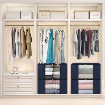 Fab totes 4 Pack Clothes Storage, Foldable Thick Fabric Blanket Storage Bags, Storage Containers for Organizing Bedroom, Closet, Clothing, Comforter, Organization and Storage with Handle,Blue