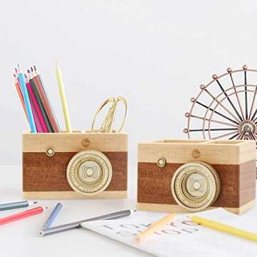 VOSTOR Camera Wooden Pencil Holder for Stylish Desk Organization