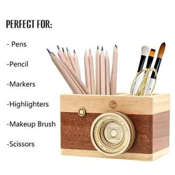 VOSTOR Camera Wooden Pencil Holder for Stylish Desk Organization