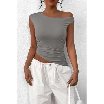 PRETTYGARDEN Womens 2025 Summer Off The Shoulder Crop Tops Sleeveless One Shoulder Ruched Asymmetrical Y2K Going Out Tank Top (Light Grey,Medium)