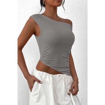 PRETTYGARDEN Womens 2025 Summer Off The Shoulder Crop Tops Sleeveless One Shoulder Ruched Asymmetrical Y2K Going Out Tank Top (Light Grey,Medium)