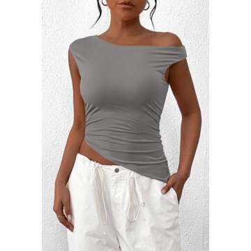 PRETTYGARDEN Womens 2025 Summer Off The Shoulder Crop Tops Sleeveless One Shoulder Ruched Asymmetrical Y2K Going Out Tank Top (Light Grey,Medium)