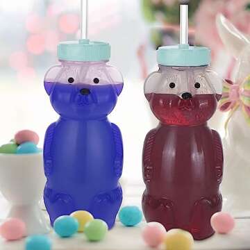Honey Bear Straw Cups, Juice Bear Bottle Drinking Cup Long Straws with 4 Flexible Straws & Cleaning ...