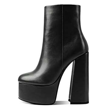 LEMUTISME Women's Fashionable Closed Round Toe Mid Calf 5.7 Inches Sky High Chunky Heel Sexy Platfor...