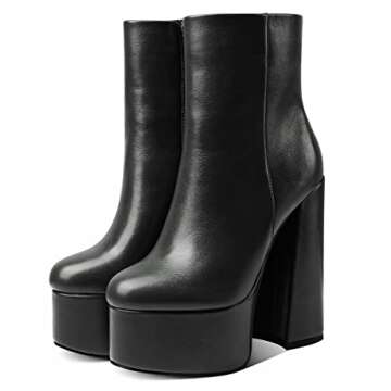 LEMUTISME Women's Fashionable Closed Round Toe Mid Calf 5.7 Inches Sky High Chunky Heel Sexy Platform Ankle Booties Black Size 6