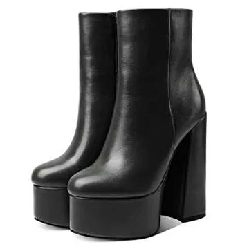 LEMUTISME Women's Fashionable Closed Round Toe Mid Calf 5.7 Inches Sky High Chunky Heel Sexy Platform Ankle Booties Black Size 6