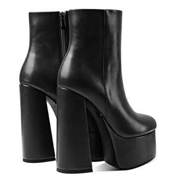 LEMUTISME Women's Fashionable Closed Round Toe Mid Calf 5.7 Inches Sky High Chunky Heel Sexy Platform Ankle Booties Black Size 6