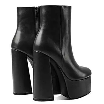LEMUTISME Women's Fashionable Closed Round Toe Mid Calf 5.7 Inches Sky High Chunky Heel Sexy Platform Ankle Booties Black Size 6