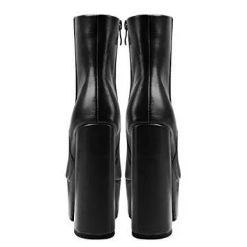 LEMUTISME Women's Fashionable Closed Round Toe Mid Calf 5.7 Inches Sky High Chunky Heel Sexy Platform Ankle Booties Black Size 6