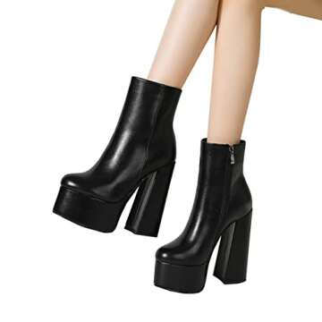 LEMUTISME Women's Fashionable Closed Round Toe Mid Calf 5.7 Inches Sky High Chunky Heel Sexy Platform Ankle Booties Black Size 6