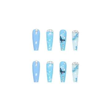 MISUD 24 pcs Coffin Press on Nails Long Fake Nails Blue Glossy Glue on Nails Glitter Ballerina Acryl...